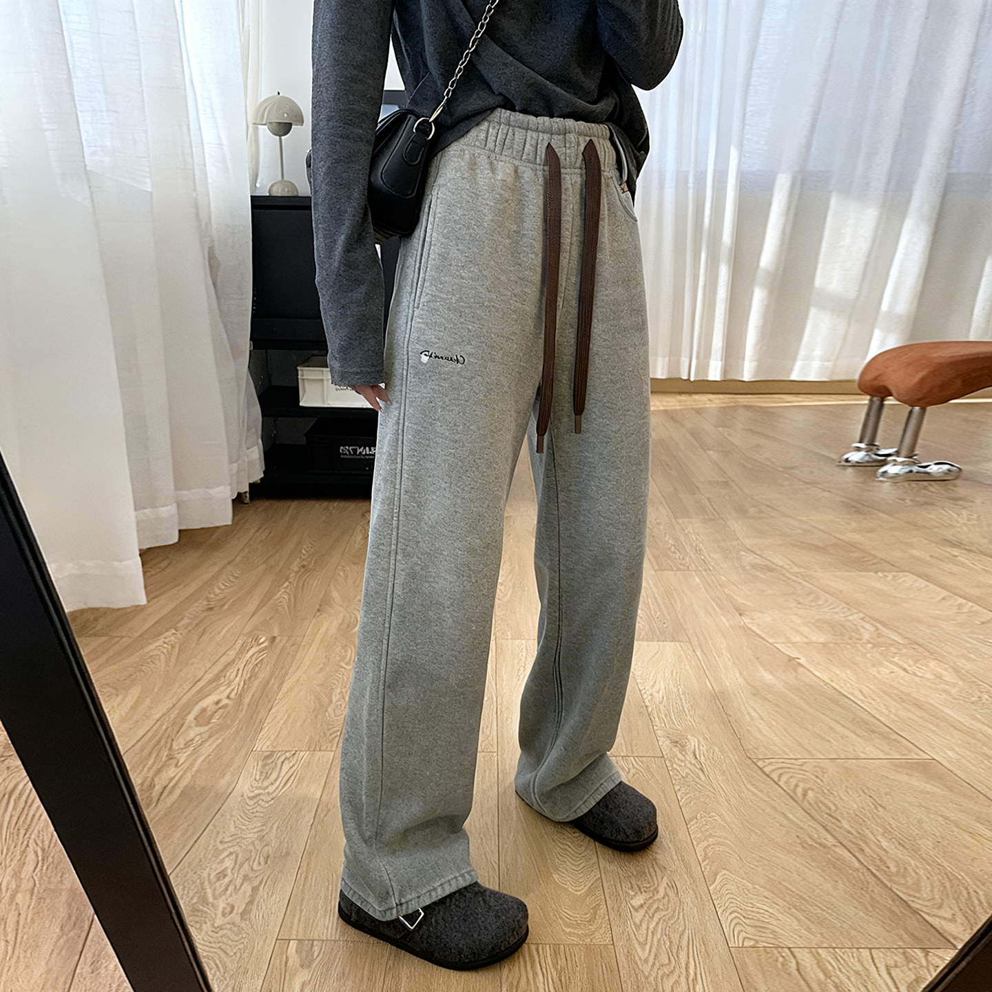 秋冬新款花灰色宽松阔腿休闲裤女