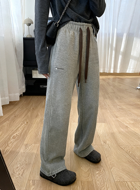 松紧腰冬季花灰色宽松休闲加绒加厚阔腿裤女百搭显瘦高腰直筒裤子