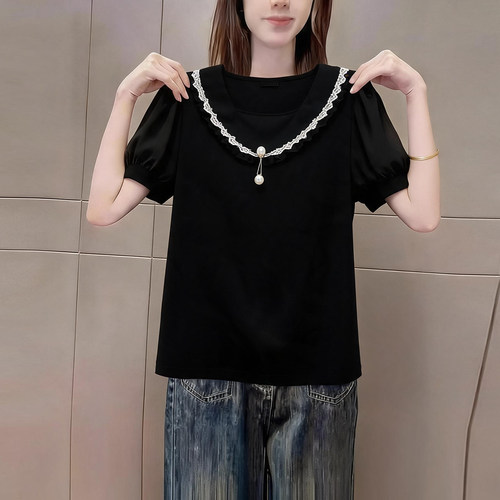 淑女风黑色蕾丝领短袖短袖上衣女