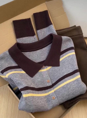 复古条纹学院风翻领针织衫女显瘦减龄气质高级感韩版撞色秋冬上衣