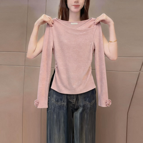 极简优雅风粉色斜领长袖t恤女装