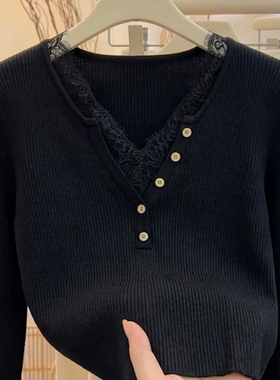 高级感温柔风蕾丝v领长袖针织衫女秋冬季新品黑色内搭打底衫上衣