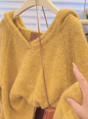 2025秋冬季新款温柔风黄色连帽针织衫女慵懒风显白休闲毛衣外套