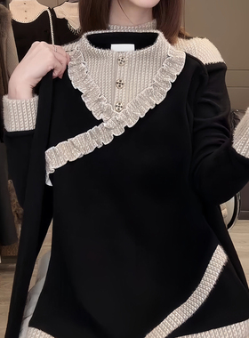 轻奢高级感别致半高领套头长袖t恤衫女秋冬款洋气时尚荷叶边小衫