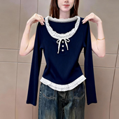 藏蓝色韩式 显瘦百搭气质上衣 新品 蕾丝拼接u领长袖 t恤女2026早春季