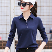 女士工作服定制上衣T t恤运动翻领polo衫 新款 春秋纯棉有带领子长袖