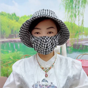 夏季口罩一体帽子遮阳帽女防晒防紫外线渔夫帽骑车采茶钓鱼防晒帽