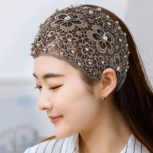 新款 遮白发弹力发带女宽边蕾丝镂空钉珠网红头巾头套洗脸发箍头饰