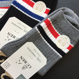 鹿人袜子儿童纯色精梳棉百棉中筒条纹百搭无骨学生抗菌防臭袜2310