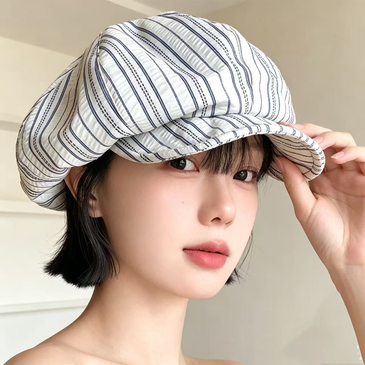 秋季复古条纹褶皱八角帽女士夏季显脸小报童帽防晒贝雷帽时尚帽子