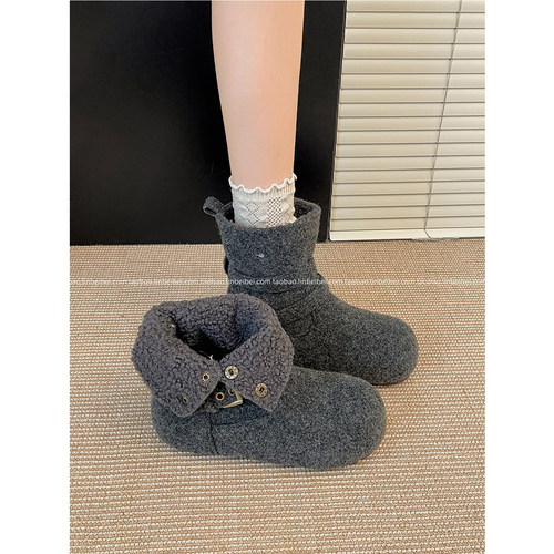 林北北灰色复古增高雪地靴女
