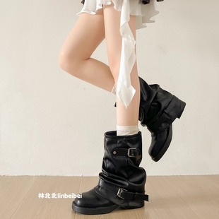 林北北黑色粗跟增高靴子女2025新款秋季英伦风复古堆堆裤管短靴