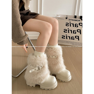 林北北棕色复古粗跟厚底毛毛雪地靴女款冬季加绒加厚保暖棉鞋子