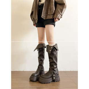 林北北黑色加绒加厚保暖厚底靴子女长筒靴冬外穿增高西部牛仔靴