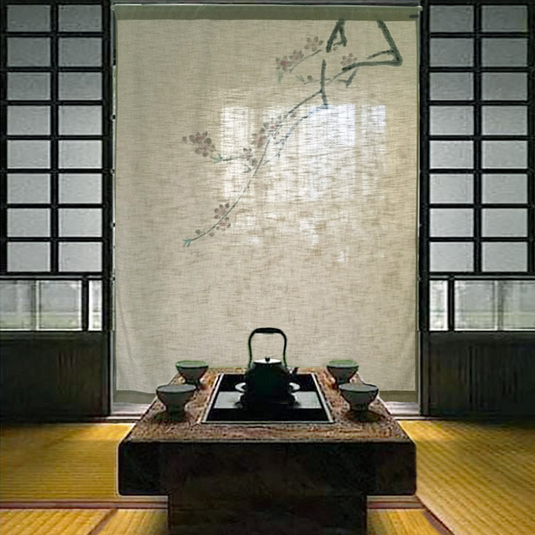 纯手绘桃花清竹禅意门帘三生三世布艺唯美水墨梅花兰花挂画背景帘
