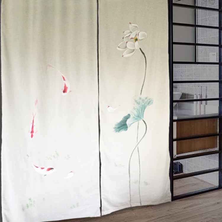 手绘荷花锦鲤门帘装饰金鱼中式复古窗帘布艺家居软饰窗帘遮挡隔帘,居家布艺,门帘,淘宝优惠券,粉丝福利购,淘宝优惠卷
