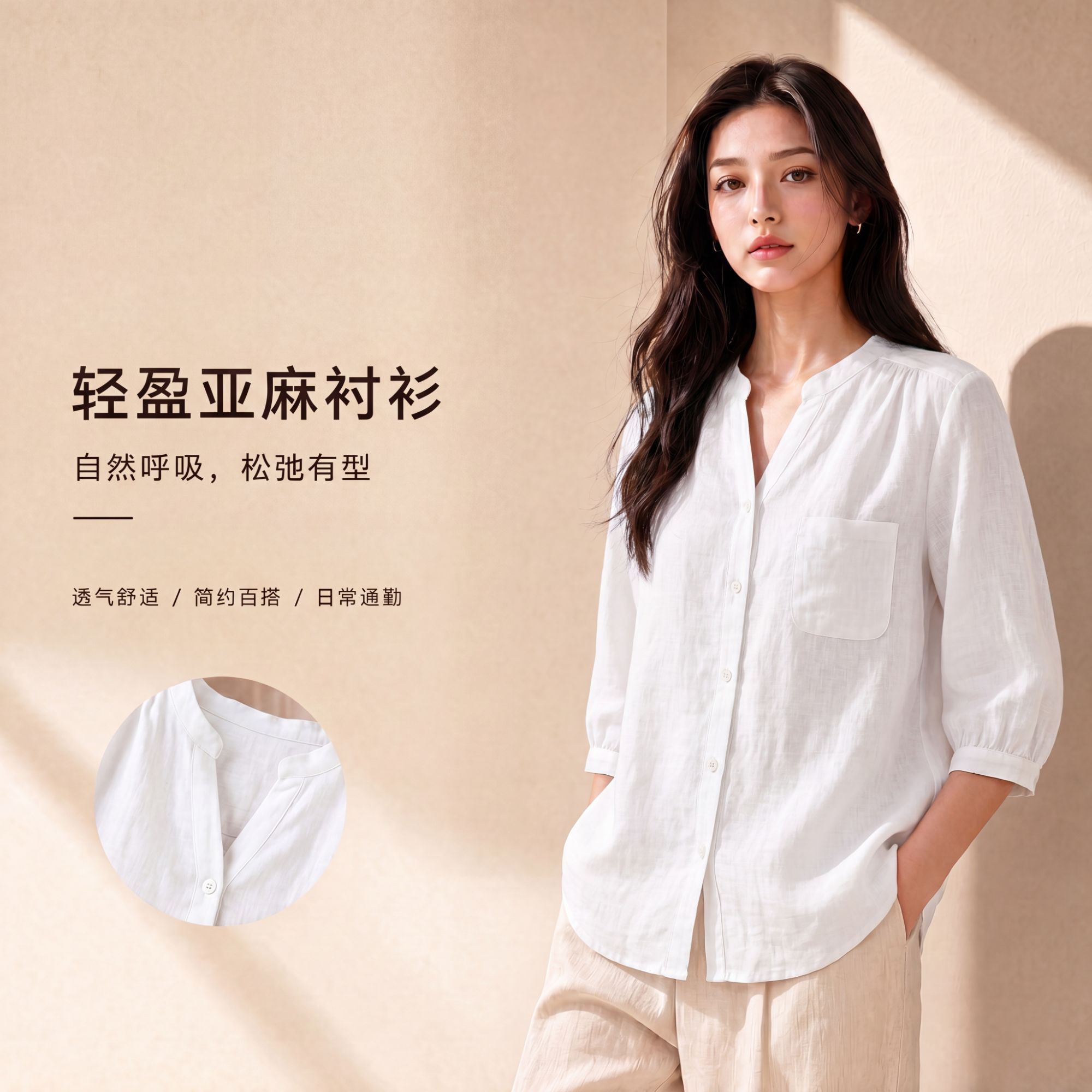 纯亚麻衬衫福利纯色夏季复古文艺风V领中袖女宽松薄款简约透气