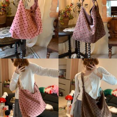 iFHHee复古可爱原创两色丝绒波点大号调节系带包包好质感！