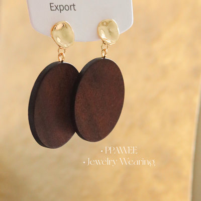 巷陌|精致几何木质椭圆形耳环复古港风个性耳饰长款气质简约耳钉