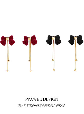 氛围红色丝绒蝴蝶结耳钉气质长款流苏法式耳环方圆脸过年秋冬耳饰