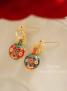 招财进宝|古法烧蓝吞金兽耳环吊坠民族风新年耳饰红蓝色喜庆耳钉