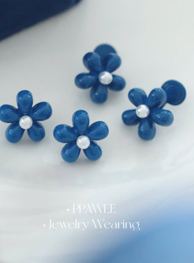 小蓝花|韩系克莱因蓝色花朵耳饰女日常精致珍珠耳钉夏天独特耳环