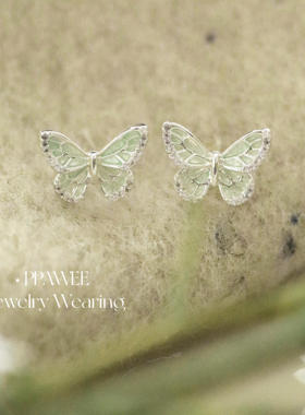 绿灵蝶|薄荷曼波简约蝴蝶耳钉超仙韩系小巧耳环绿色水晶春夏耳饰