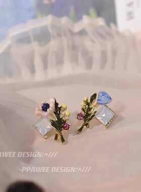 不对称耳饰纯银2024新款草莓耳环夏天珐琅复古花朵耳钉锆石耳夹女