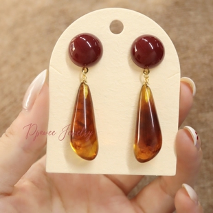 榛果红酒|美拉德长款琥珀耳饰女秋冬复古港风水滴耳环民族风耳钉