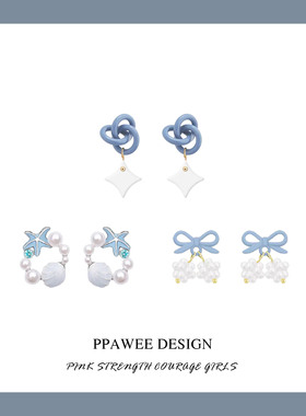 夏天独特蓝色可爱蝴蝶结耳饰甜美珍珠耳钉女高级纯银星星耳环新款