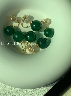 PPAWEE｜绿色玛瑙圆形耳环复古风玉石耳饰轻奢高级感简约气质耳钉