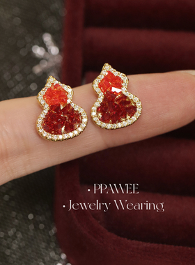 炽红葫芦|红红火火过本命新年耳饰红色渐变水晶葫芦耳环锆石耳钉