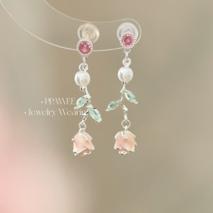 夏至玫瑰|适合夏天的粉色花朵耳饰长款流苏耳环精致珐琅珍珠耳钉