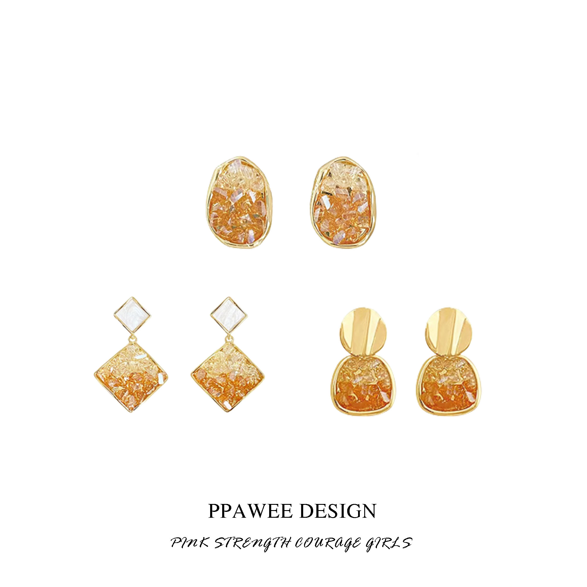 橘子汽水水晶耳环小香风精致耳饰高级感锆石耳钉金色几何耳夹百搭