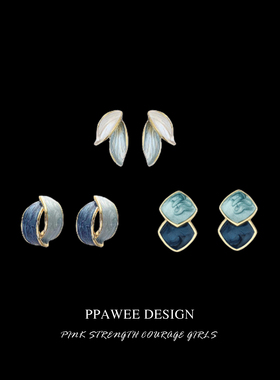 PPAWEE原创温柔蓝白色油画简约气质耳钉新款撞色百搭蚊香盘耳夹女