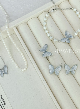PPAWEE冰透蓝色蝴蝶系列水晶项链轻奢小众夏天双层叠戴珍珠锁骨链