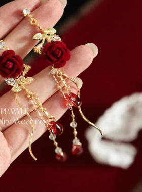 干枯玫瑰|法式复古红色丝绒花朵耳饰超闪新娘流苏耳环秋冬银耳钉
