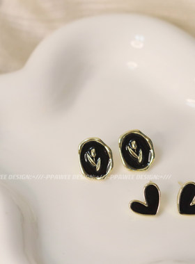 爱心耳环气质名媛圆脸花朵耳环小众设计感高级郁金香耳钉黑色耳夹