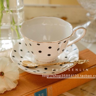 骨瓷家用咖啡红茶水果茶杯碟壶套装 下午茶具轻奢欧式 描金波点英式