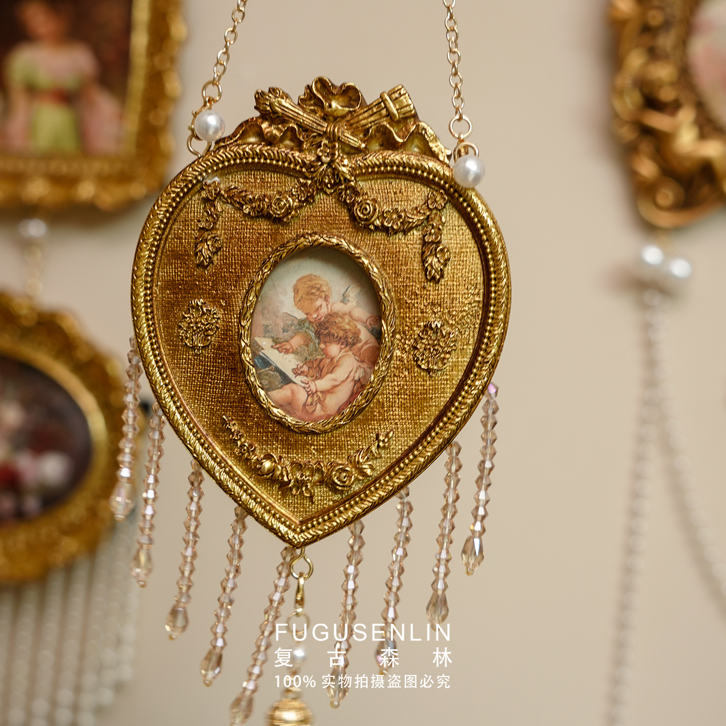 复古森林心形浮雕树脂欧式迷你相框珍珠流苏手作画框摆件雕花壁挂