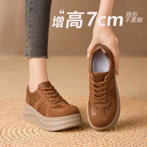 乔岳增高7CM2026秋季新款时尚百搭真皮厚底复古休闲运动绒面女鞋