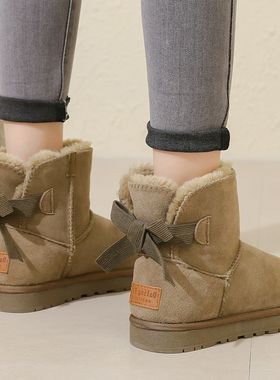 真皮雪地靴女冬季新款蝴蝶结棉鞋加绒保暖加厚学生防滑中短筒靴子