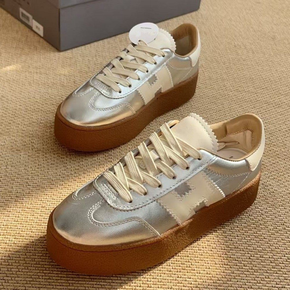 杏仁头~H698拼色增高5cm厚底饼干鞋休闲女鞋 真皮复古圆头德训鞋