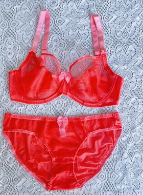 458红色本命年超薄性感透明网纱有钢圈蝴蝶结女文胸套装70-90BCDE