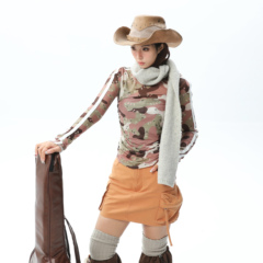 XONLIFE迷彩网眼T恤辣妹修身显瘦花卉迷彩运动感打底长袖24秋新品