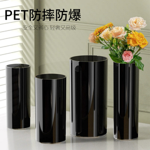 黑色直筒花瓶亚克力防摔瓶插花简约创意轻奢北欧高级酒店路引摆件