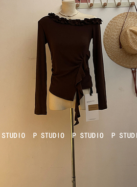 ADD 正版2025秋季新款韩版斜肩长袖T恤女褶皱小衫打底修身上衣