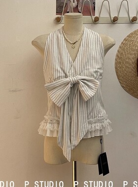 T.BSHOP十三行正版2025夏季新款韩版挂脖V领条纹蝴蝶结吊带上衣女
