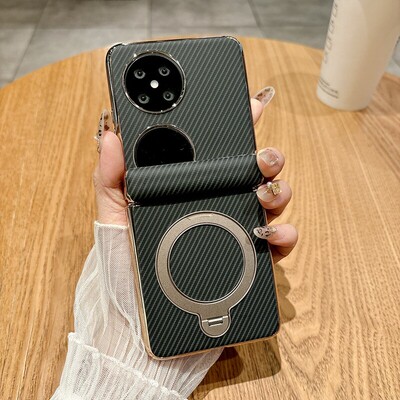适用华为pocket2手机壳pockets2折叠屏packet碳纤维皮纹poket2新款pock2中轴全包pokect2电镀360旋转支架外壳