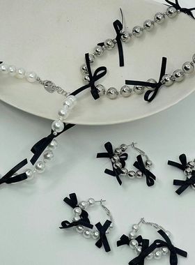 蝴蝶结珍珠珠珠项链锁骨链耳环